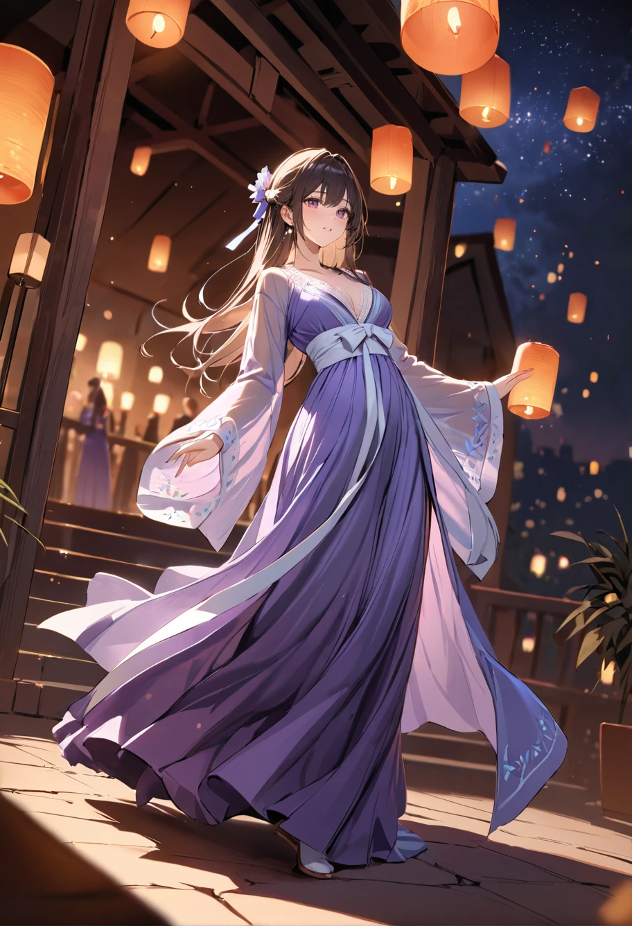 ,ruanyi0799,lantern,glowing,night sky,1girl,solo,hanfu,full body,dancing,,ruanyi0752,hanfu,purple dress,see-through,wide sleeves,<lora:0799 Kongming lantern_xl_v1:1>,<lora:0752 Wisteria butterfly hanfu_v1_pony:0.8>, masterpiece,best quality,ultra detailed,8K,super fine illustration,highly detailed beautiful face and eyes,perfect anatomy,professional lighting,