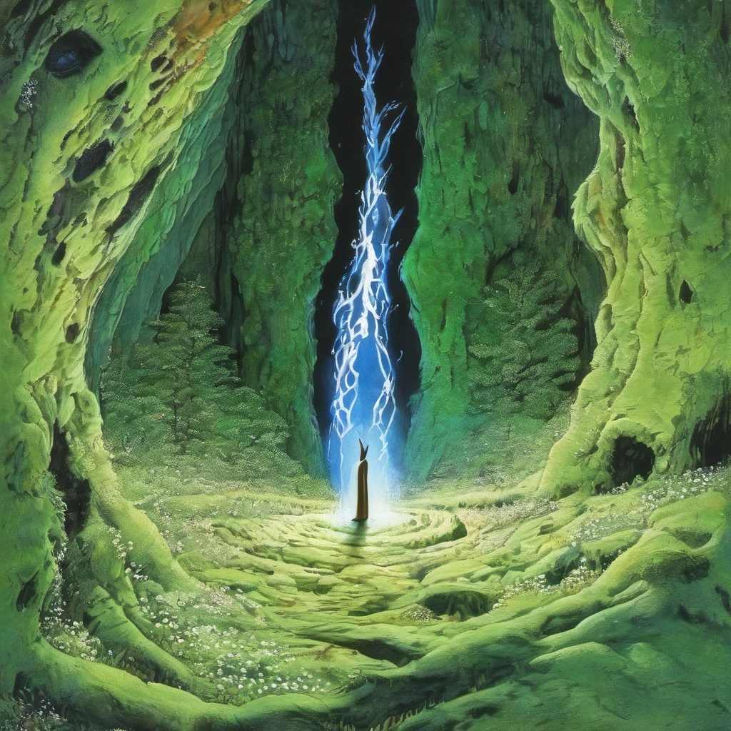 Cult, robes, people, portal to heaven, glowing air stream tree channel, <lora:HuemanAboreal-000008:1>, HuemanAboreal, Nature Night Photography Painting, green moss cave, fire, deer, eye of providence, landscape, abstract nature art, blue river, white snowcap mountains, art by gregory euclide, milky way, stars in the night sky