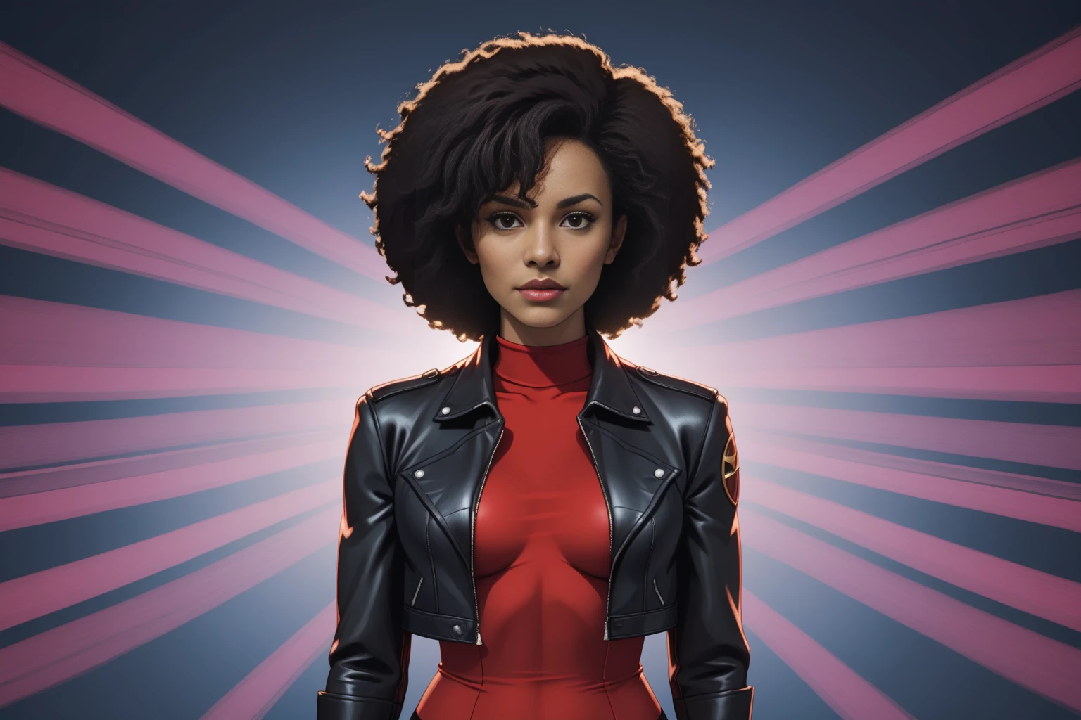 ,<lora:Misty_Knight_PDXL_spamb0t:0.7>,Marvel_Comics_Misty_Knight
BREAK [SEP] (short 1970s black afro:1.3),black turtleneck
BREAK [SEP] maroon leather jacket
BREAK [SEP] cowboy shot,sultry,seductive,standing with one arm forming an arc, other arm down,1970s abstract background
BREAK [SEP] high quality,film grain,cinematic lighting,volumetric lighting,model shoot,looking at viewer
BREAK [SEP] (hyper detail,insanely detailed,best quality,masterpiece,photorealistic:1.4)