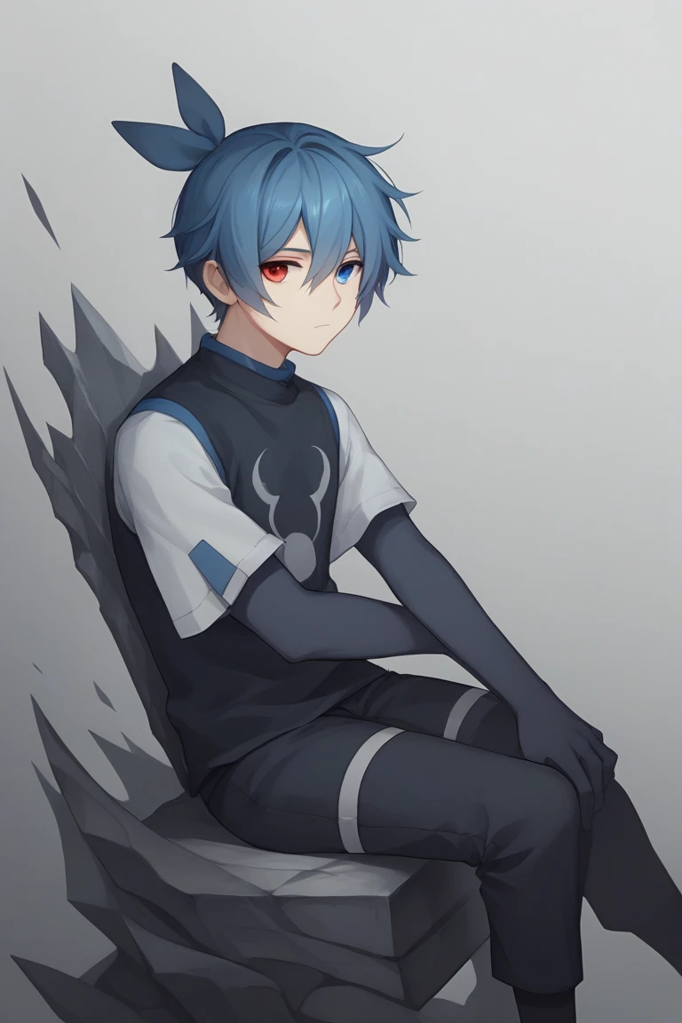 score_9, score_8_up, score_7_up, best quality, masterpiece, absurdes, ADDCOMM (dark_sig, heterochromia, solo, 1boy, male focus:1.1) blue hair, short hair, hair bow:1.2 BREAK sitting on a throne BREAK dark_sig, heterochromia, male focus, 1boy, solo, red eyes, blue eyes, black hair, black pants, shirt, expressionless, aura