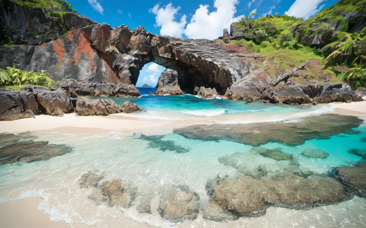 <lyco:Ogasawara:0.8>, (anime coloring, anime visual), masterpiece, best quality, high quality, ((view from ground)), Ogasawara_Islands, clear water, beach, cliff, rock, blue sky, clouds