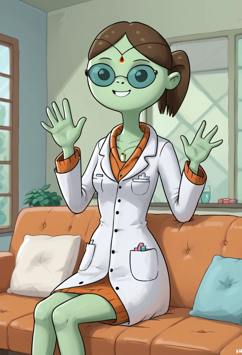 score_9, score_8_up, score_8,   <lora:Doctor_Princess_Adventure_Time_for_PonyXL:0.8> 1girl, green skin, glasses, drpr1nc3ss, brown hair, labcoat, forehead jewel, sitting on couch, living room, window,  waving, smile,