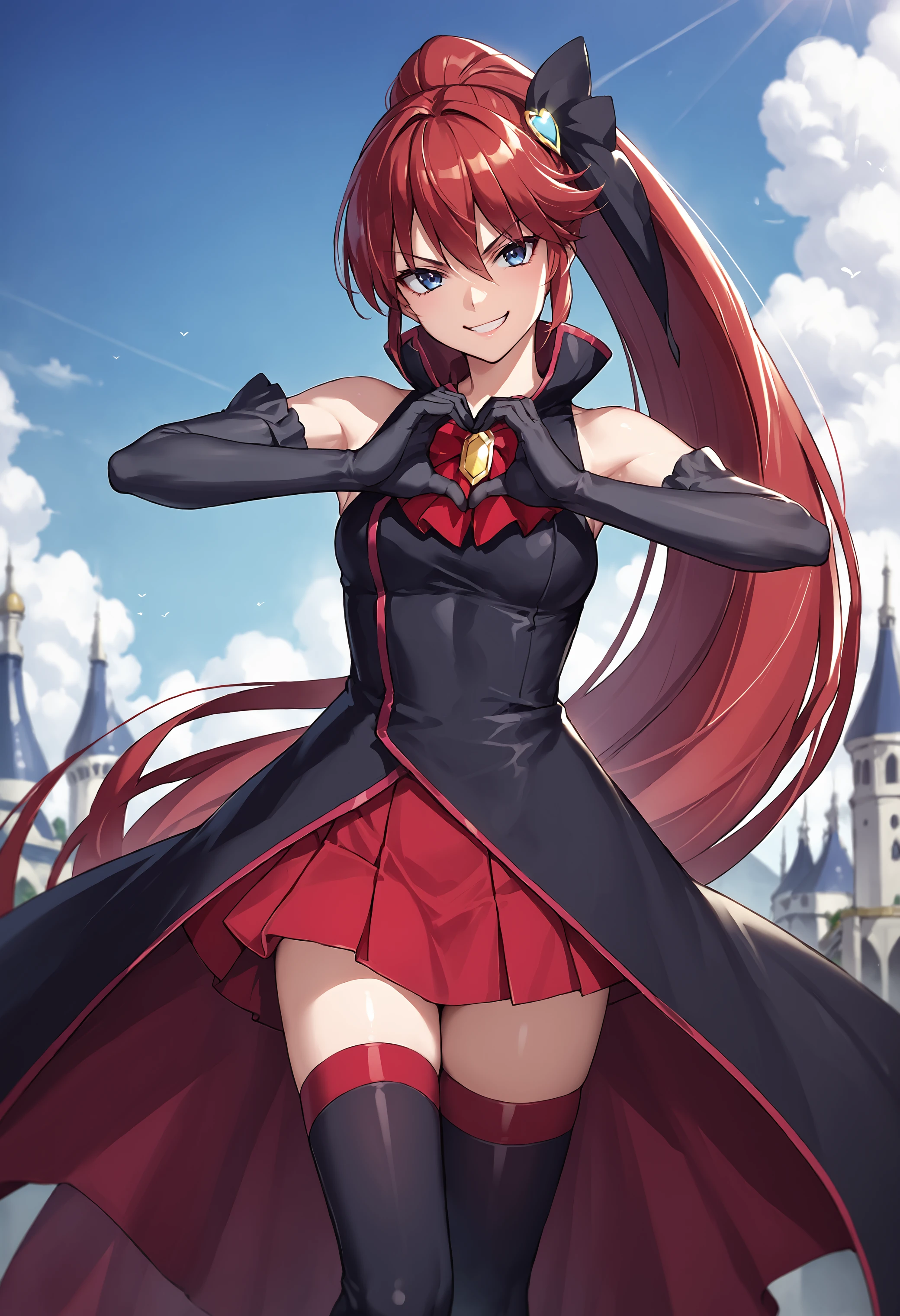 masterpiece, best quality, highly detailed, score_9, score_8_up, score_7_up, score_6_up,source_anime, BREAK
1girl,  <lora:UnlovelyPony-000020:0.8>,  uunlovely, long black dress, hairbow, red skirt, brooch, elbow gloves, thighhighs,  thigh boots, (glaring, evil smile), heart hands