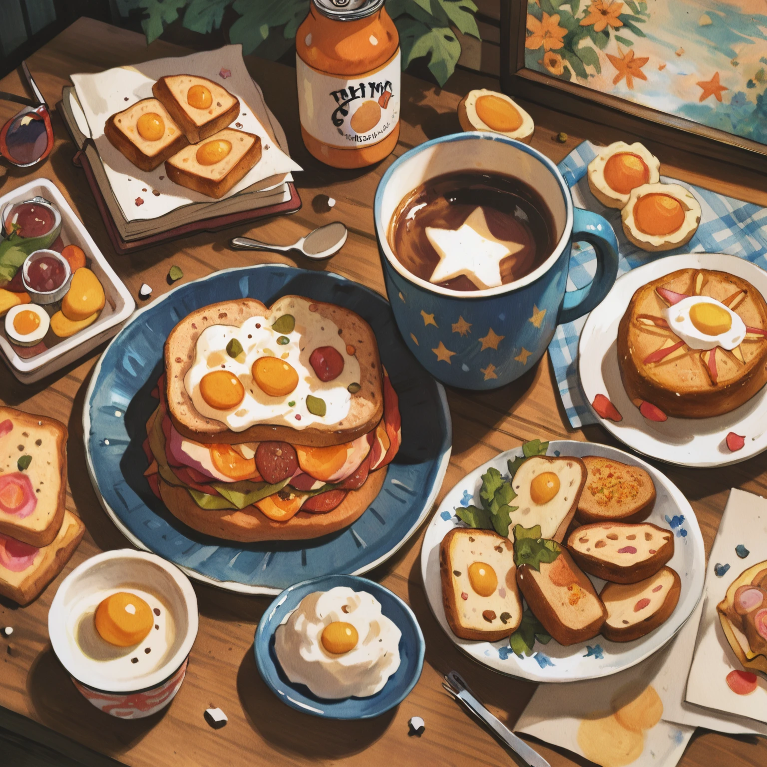 Score_9, score_8_up, score_7_up, score_6
Cuti3C0mics food, star (symbol), cup, book, no humans, from above, traditional media, sunglasses, plate, mug, drink, can, painting (medium), watercolor (medium), bread, coffee, food focus, egg (food), toast, fried egg
<lora:Cuti3C0mics Pony Style V2:1>