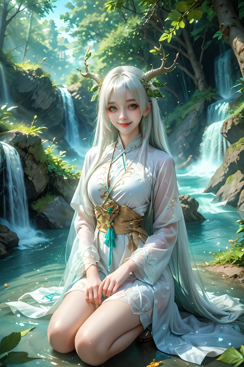 score_9,score_8_up,score_7_up,highly detailed,8k,very aesthetic,masterpiece,best quality,high budget,perfect anatomy,,henteng,1girl,long hair,solo,angle,waterfall,white hair,white clothes,looking_at_viewer,perspective,whole body,tree,green eyes,hair_ornament,jewelry,kneeling,smile,<lora:shenteng-1:0.7>