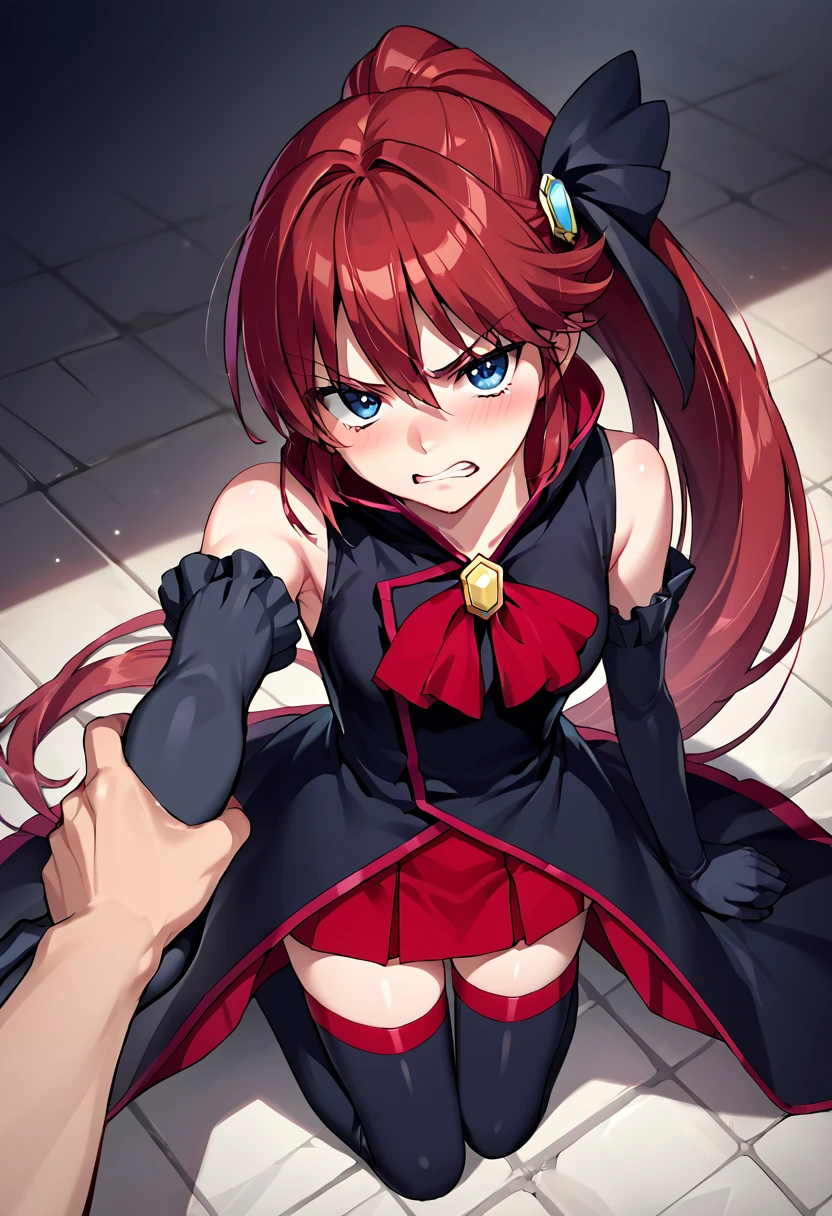 masterpiece, best quality, highly detailed, score_9, score_8_up, score_7_up, score_6_up,source_anime, BREAK
1girl,  <lora:UnlovelyPony-000020:0.75>,  uunlovely, long black dress, hairbow, red skirt, brooch, elbow gloves, thighhighs, thigh boots, disgusted, clenching teeth, reaching towards viewer arm, pov grabbing arm