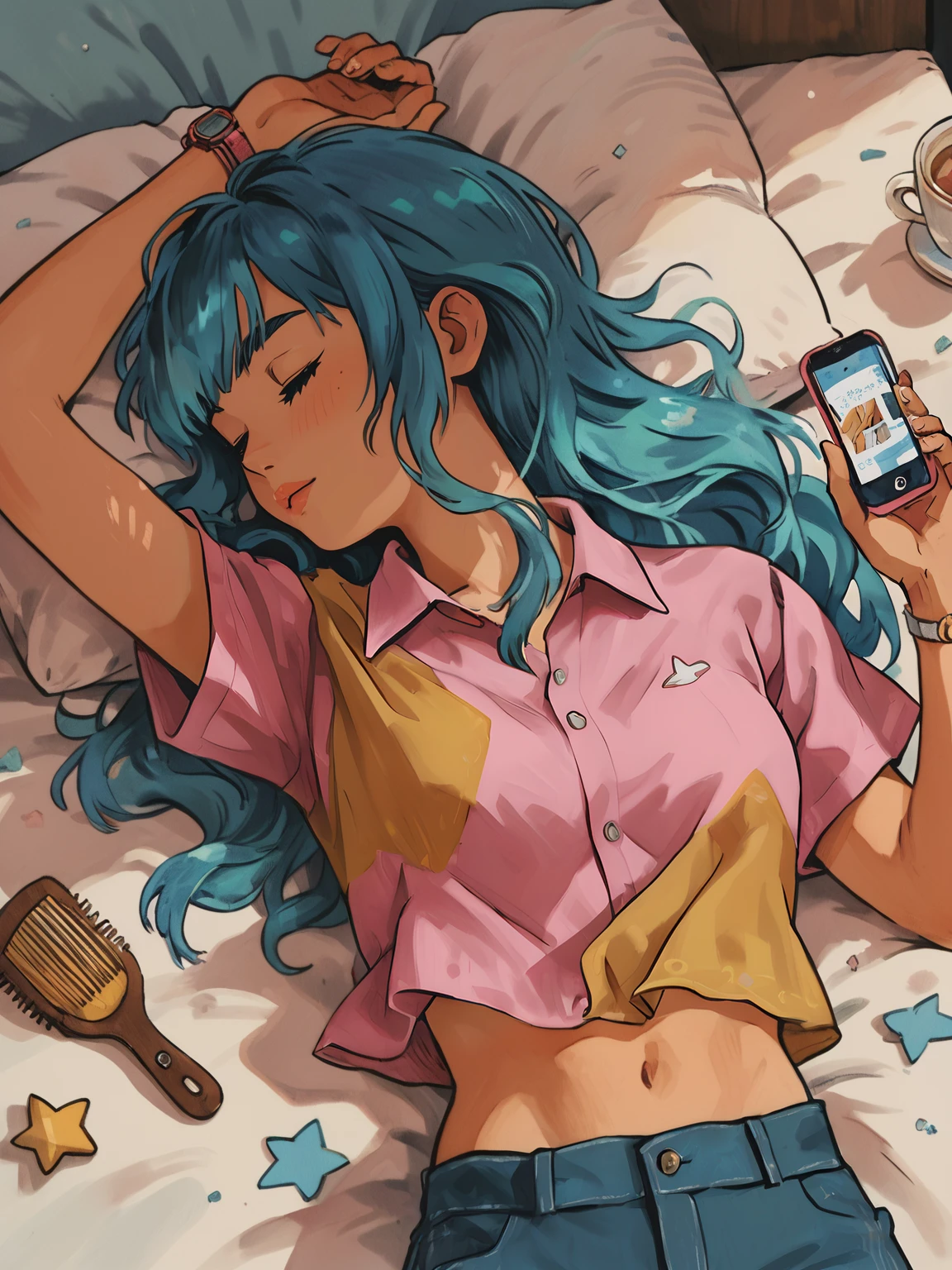 Score_9, score_8_up, score_7_up, score_6
Cuti3C0mics, ((watercolor_effect)), 1girl, solo, long hair, bangs, shirt, blue hair, closed eyes, short sleeves, multicolored hair, cowboy shot, lying, midriff, collared shirt, pants, on back, star (symbol), cup, pillow, aqua hair, profile, phone, cat, sleeping, cellphone, pink shirt, watch, yellow shirt, wristwatch, comb, hair brush
 <lora:Cuti3C0mics Pony Style V2:1>