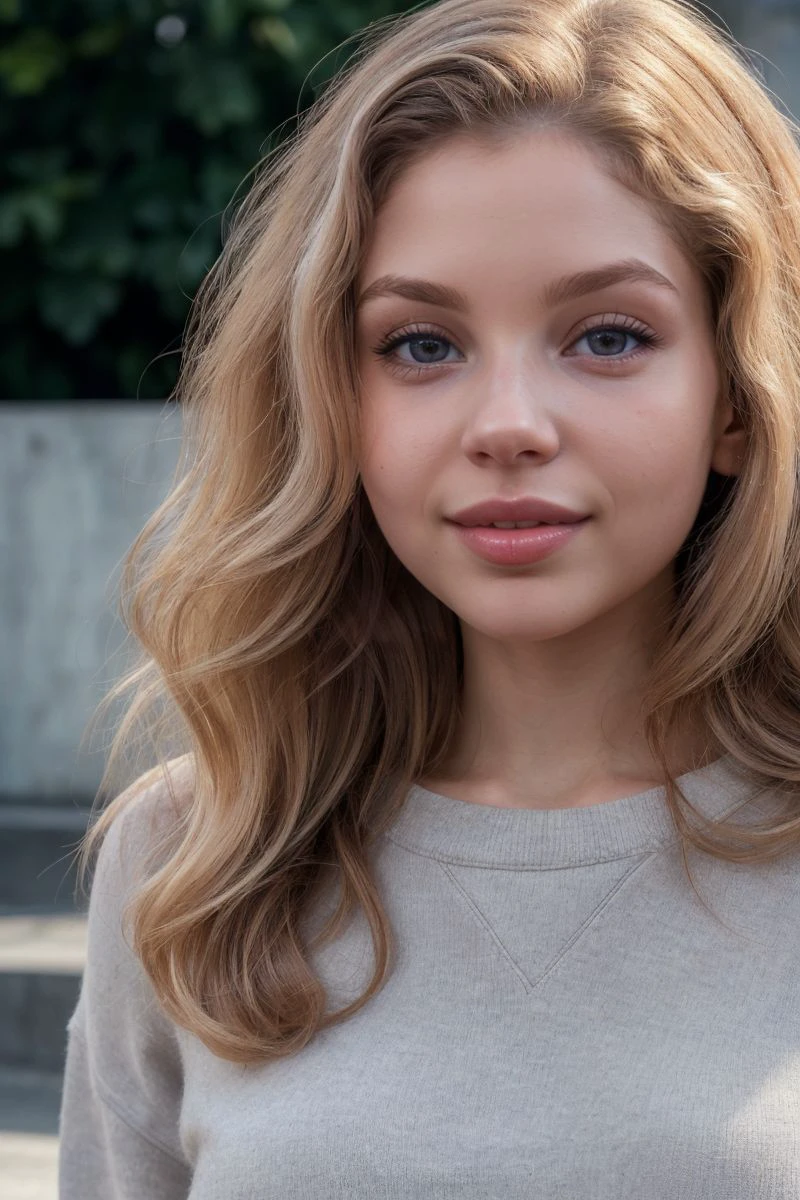 closeup headshot of S475_SamadhiAmor,an attractive woman,in front of a (curb wall:1.1),wearing a (crewneck),(smiling),(4k, RAW photo, best quality, 50mm, depth of field, ultra high res:1.1),(intricate, photorealistic, cinematic-shot, masterpiece, ultra-detailed:1.1),