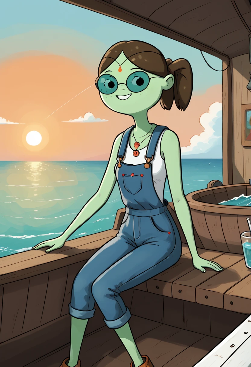 score_9, score_8_up, score_8,   <lora:Doctor_Princess_Adventure_Time_for_PonyXL:0.8> 1girl, green skin, glasses, drpr1nc3ss, brown hair overalls, sitting, boat, ocean, sunrise, smile,