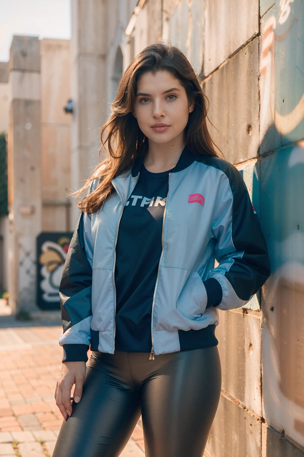 a ((portrait, upper body focus)) of (1girl, 28 years old, slight smile), <lora:ZH_AmandaCerny_v1SD15:1>, zh_amandacerny, solo, realistic, brown eyes, looking at viewer, wearing (jacket, t-shirt, leggings)