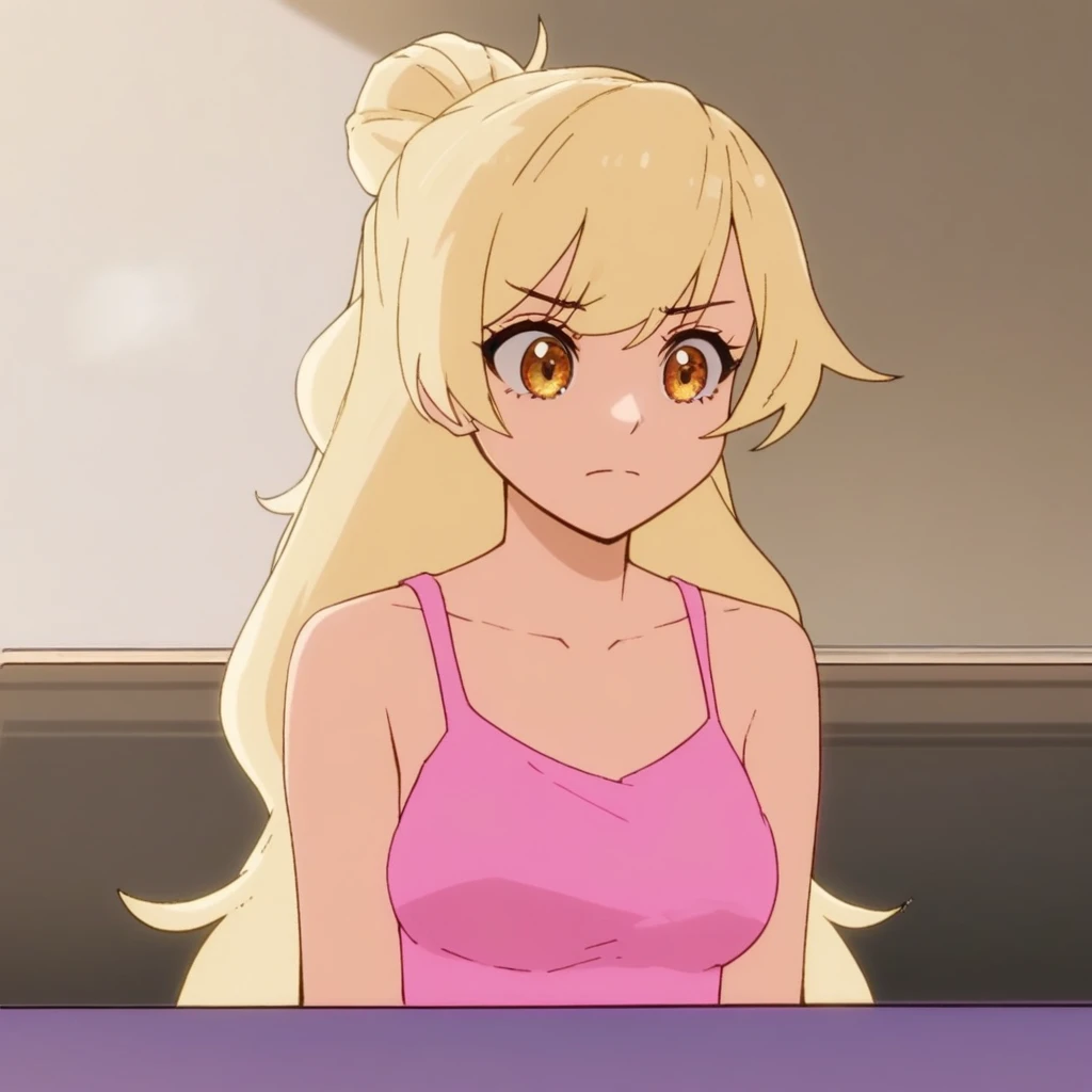 1girl, solo, Jecka, blonde hair, amber eyes, pink tank top, score_9