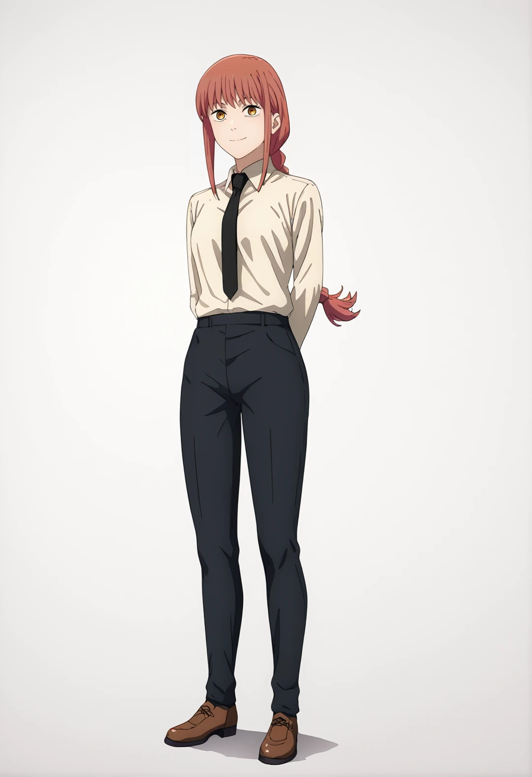 score_7_up, BREAK source_anime, MakimaV4XL, 1girl, solo, necktie, black necktie, shirt, black pants, pants, white background, simple background, full body, white shirt, collared shirt, looking at viewer, brown footwear, smile, arms behind back, shoes, shirt tucked in, standing, long sleeves, closed mouth, medium breasts, <lora:MakimaV9XL-TEST4REAL:1>