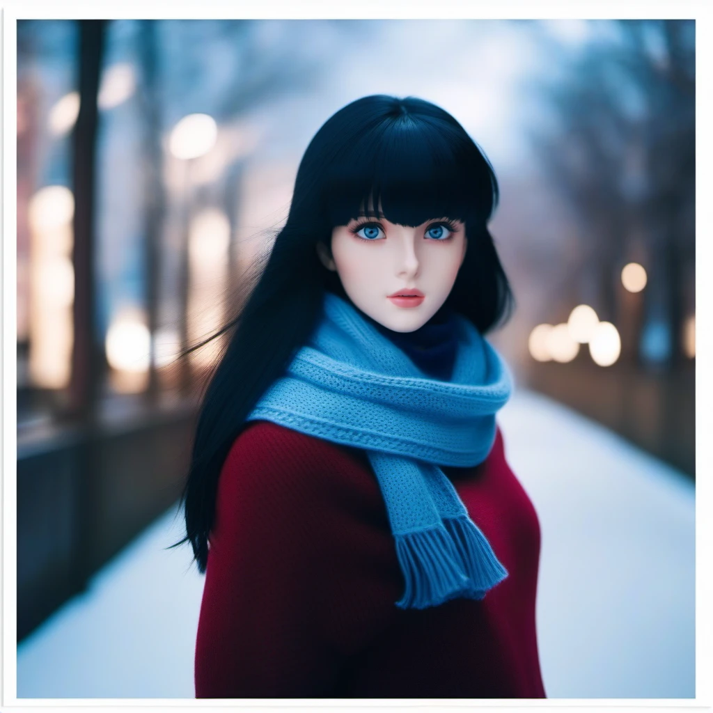 cinematic photo 1girl, long black hair, bangs, blue eyes, scarf, sweater <lora:KyokoOtonashi1024:0.8> . 35mm photograph, film, bokeh, professional, 4k, highly detailed