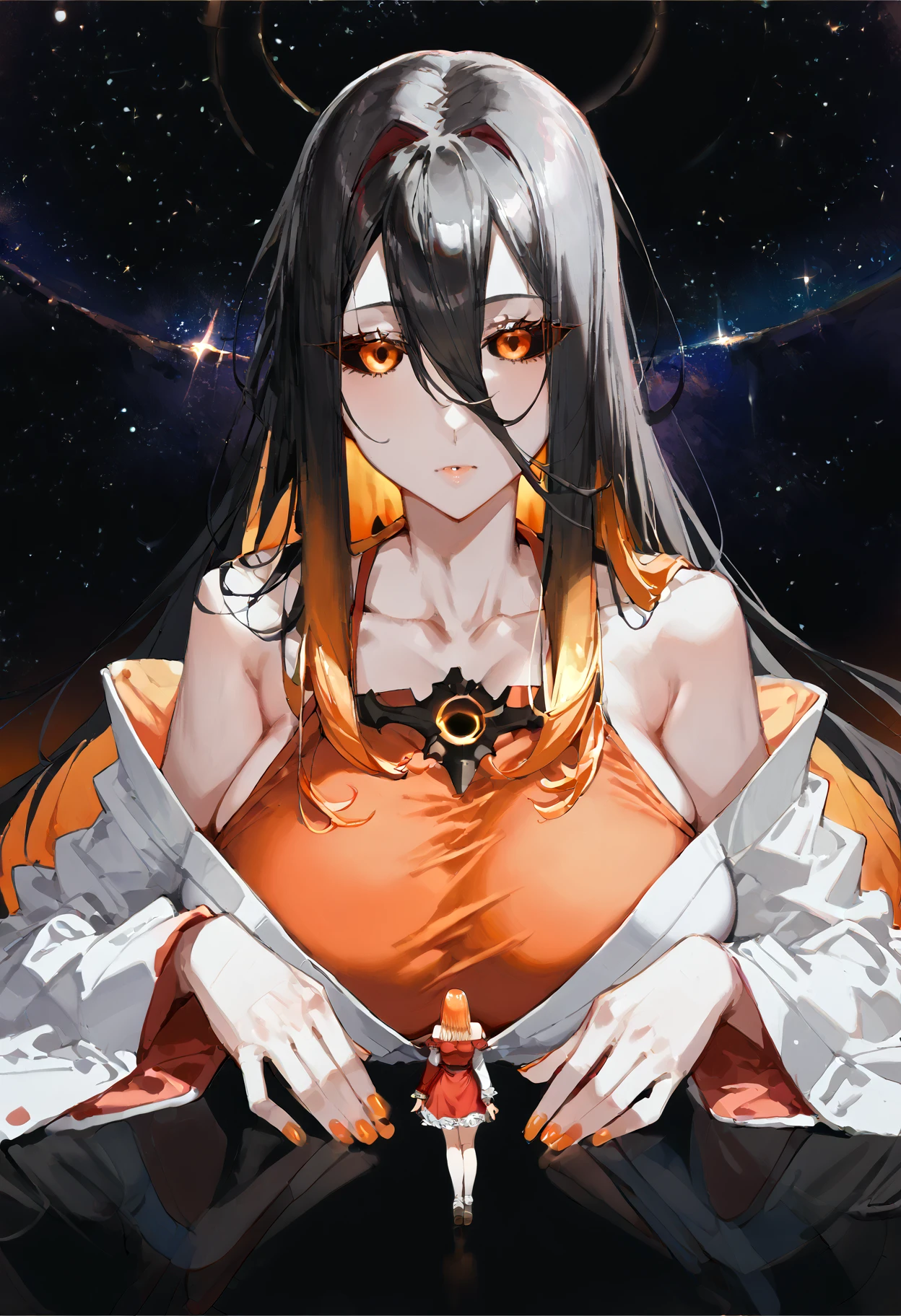 score_9, score_8_up, score_7_up, <lora:M87 Black Hole-chan [316052]:0.8> blackhole-chan, foreshortening, 1girl, bare shoulders, black hair, black hole, black sclera, breasts, clothing cutout, collarbone, colored inner hair, colored sclera, colored skin, dress, giant, giantess, gradient hair, grey skin, hair between eyes, huge breasts, long hair, long sleeves, looking at viewer, m87 black hole, multicolored hair, orange eyes, orange hair, orange nails, personification, red hair, shoulder cutout, solo, space, star \(sky\), star \(symbol\), taut clothes, taut dress, two-tone hair, very long hair, wide sleeves, multiple girls,