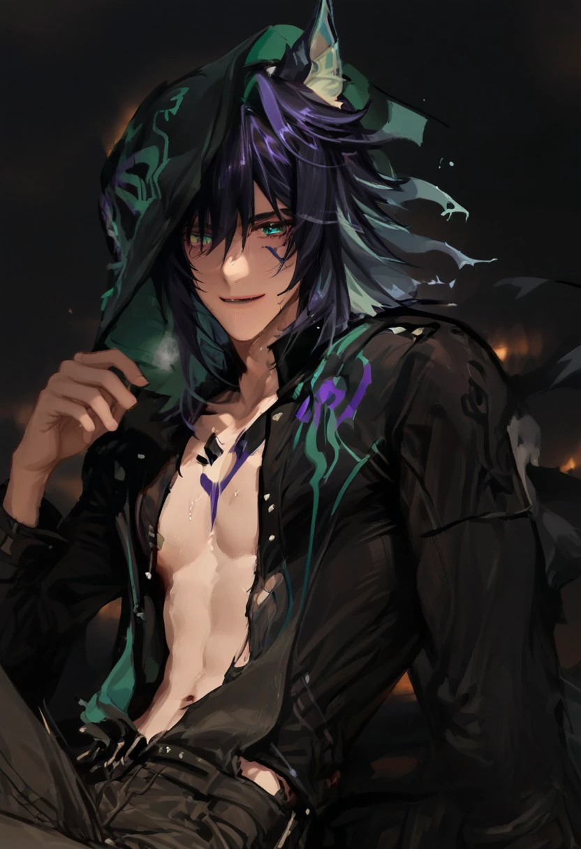 1boy, solo, male focus, animal ears, animal ear fluff, fox ears, ororon_(genshin_impact), black hair, spiky hair, messy hair, purple tint hair, green highlight, multicolored hair, wolf cut hair, hair between eyes, bangs, tan skin, Heterochromia, one green eye, one purple eye, facial marks, facial tattoo, fox boy, toned, broad shoulders, masculine jawline, slender, ripped, athletic, solo, ((fully clothed, band aids, band aid, college sweat after Quidditch game, wet)), Macro detailed realism style photograph, soft lighting, Expressiveh, 1man, sitting, (smiling:1.2), open mouth, heavy breathing, soft bright lighting, looking down, , looking at viewer, front view, chest view, role as top, masculine, detailed eyes, realism eyes, (sitting:1.2), from side view