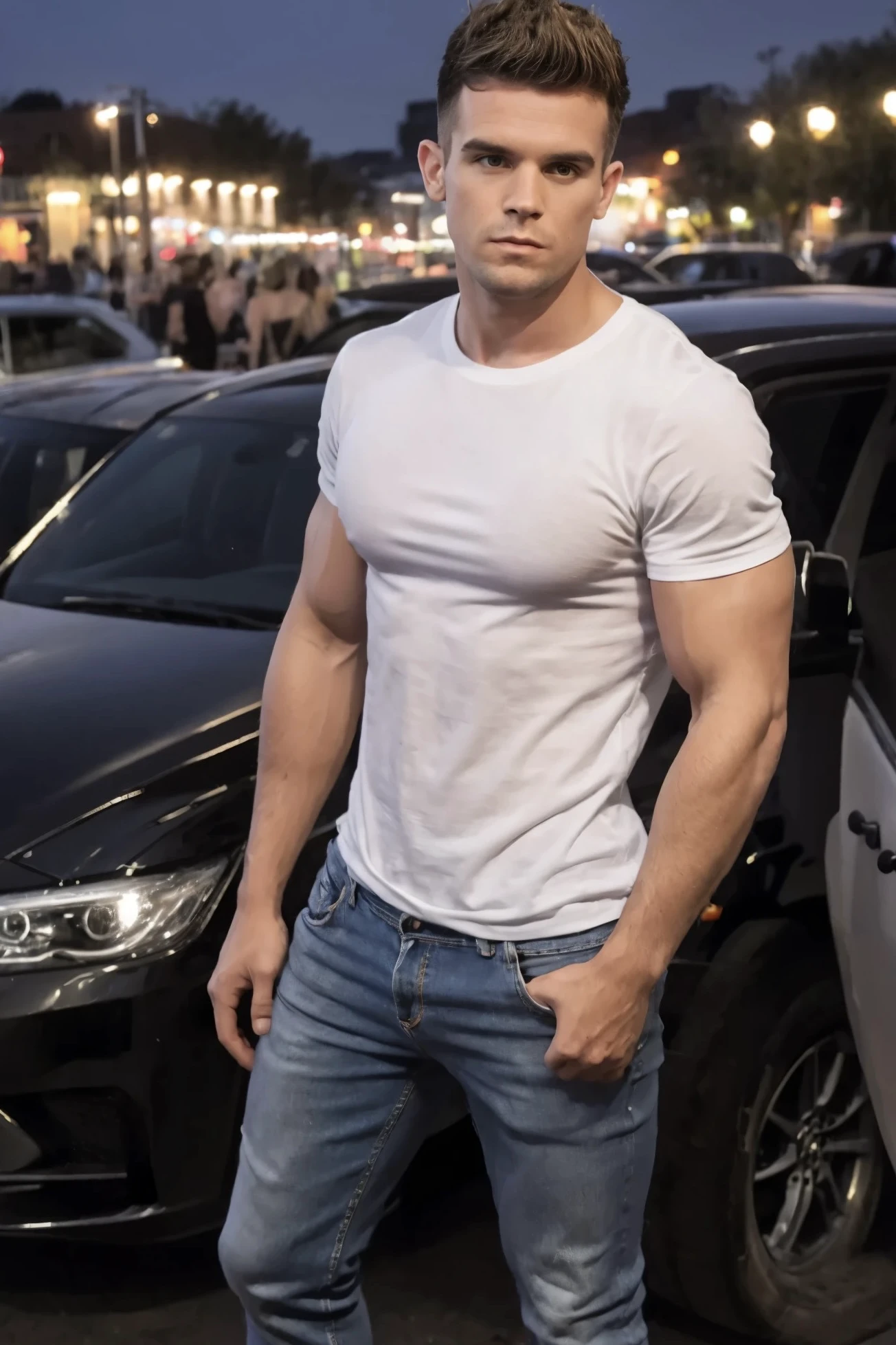 Gaz, ((wearing a tight fitted white (short sleeved) tee:1.2)), ((wearing denim jeans:1.2)), (bulge in jeans), standing next to a luxury sports car outside a nightclub, (grim harsh:1.2), (nighttime:1.3), epic composition, beautiful, high budget, ((masterpiece)), ((best quality:1.2)), High Resolution, 8k, upper body image, (ultra_realistic:1.3), (photorealistic:1.4), male focus, ((full body body image:1.2)), dramatic lighting, broad shoulders, defined toned body, muscled biceps, looking at the viewer, brown eyes, short brown hair, wide angle, ((confident attitude:1.3)), clean shaven