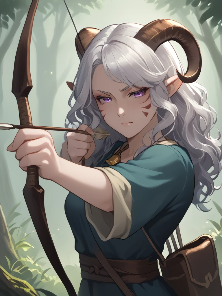 <lora:Drawing_bow:0.8>source_furry, score_7_up, rating_safe, source_anime, anime face:1.5, ((drawing bow, (weapon: 1.1), aiming at viwer, arrow, (projectile: 1.1), bow, (weapon: 1.1), holding bow, darwing bow)), silver long wavy hair, bell necklace, short pointy ears, purple eyes, <lora:age_slider_v4:0.6>
smile, open eyes, <lora:Test_Diana:0.8> tiefling_bard_diana, <lora:INKxXmo shaded face:0.8> INKxXmo Dark Theme, Shaded Face,
looking far, concentrating, close up:1.4,
forest , fighting stance, , <lora:H001PXL:0.2>color manga,
<lora:whisker_markings:0.8>red whisker_markings,