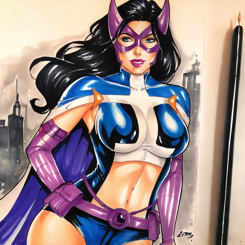 <lora:huntress_pony_v1:1> huntressdccomics, 1girl, solo, black hair, superhero, large breasts, mask, utility belt, cape, long hair, elbow gloves, navel, midriff, traditional media, blue eyes, purple gloves, lips, lipstick, makeup, belt pouch, crop top, leotard, marker (medium)