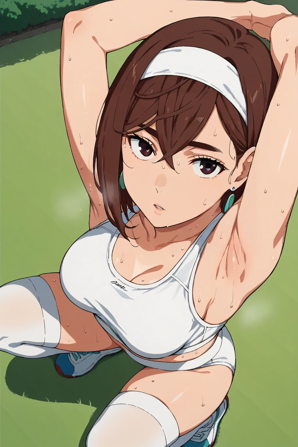 skirt,kneehighs,sitting,on bench,blush,white background ,hands between legs,looking at viewer,ultra-detailed,best quality,masterpiece, bare shoulders,upper body,half closed eyes,arm up,armpit focus,Thick Armpit,Armpit,Armpit,Plump Armpit, masterpiece, best quality,8k,flat chest,16k,thick thighs ,A little armpit sweat,embarrassed , knees to chest