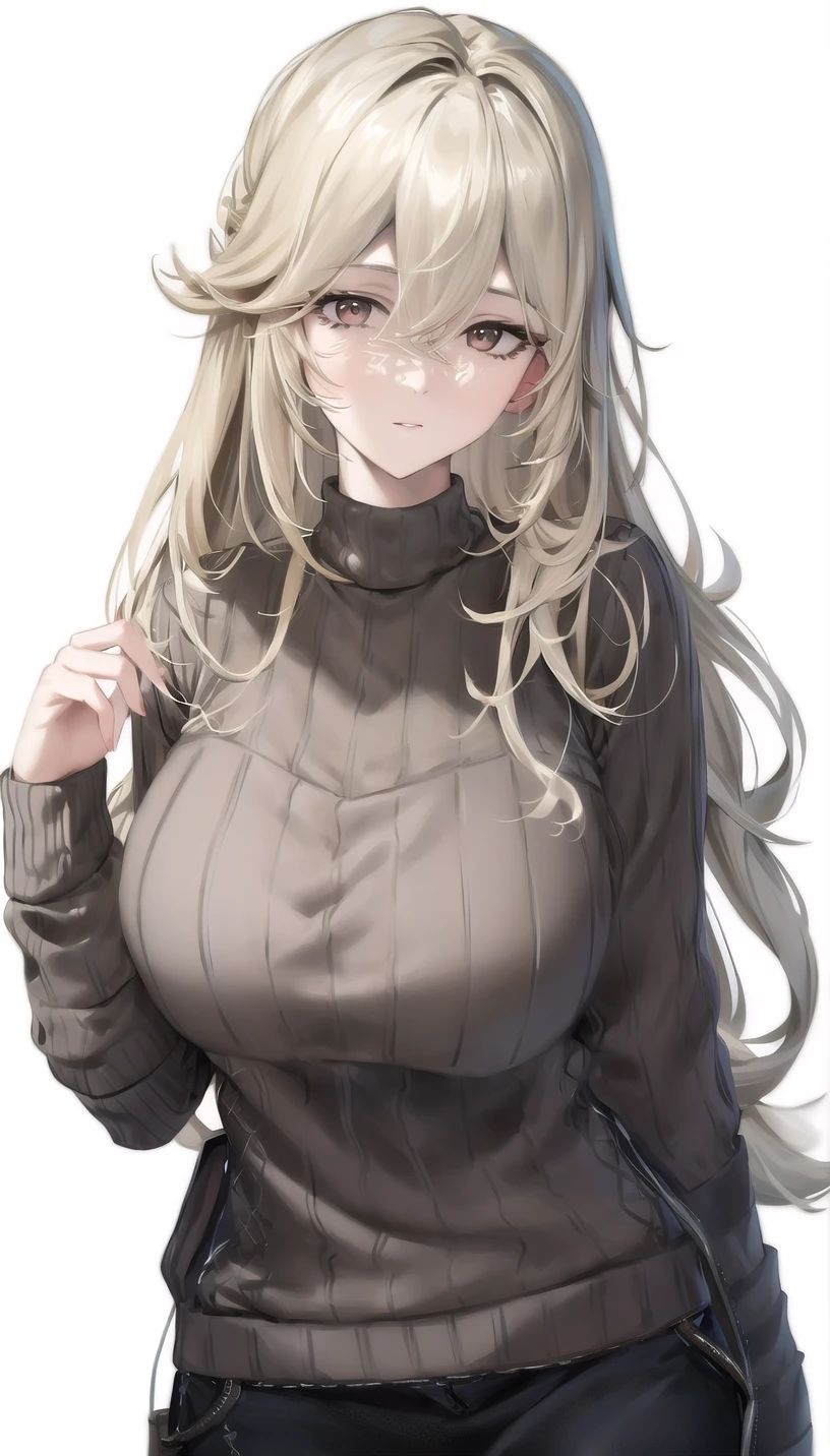 light blonde hair, 
(sweater:1.28),
lady,milf,mature female,
(white background,simple background:1.18),
highres,official art,original,masterpiece,best quality,
(large breasts),
<lora:alexandrina1:1.2>