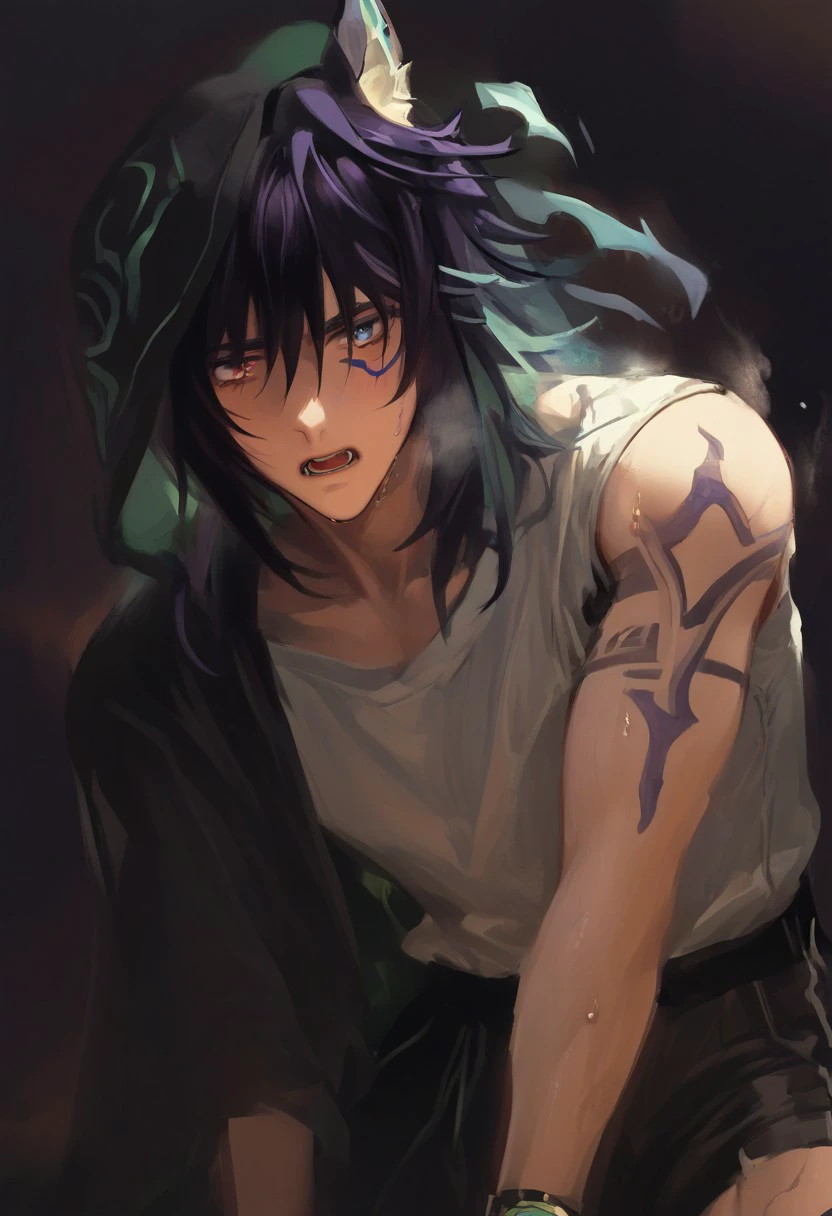 1boy, solo, male focus, animal ears, animal ear fluff, fox ears, ororon_(genshin_impact), black hair, spiky hair, messy hair, purple tint hair, green highlight, multicolored hair, wolf cut hair, hair between eyes, bangs, tan skin, Heterochromia, one green eye, one purple eye, facial marks, facial tattoo, fox boy, white tshirt, white top, satisfaction, satisfied, open mouth, drooling, looking at viewer, on bed, bed sheet, watch, spiky hair, messy hair, sweaty hair,
 all fours, restraining viewer, dark theme, dark room, unlit room, no light, intense shadow, shadow, intimidating, slim body, pectorals, abs, sweating, heavy breathing, looking down, on knees, kneeling, sweat everywhere,
<lora:mondi_400r:1>, score_9,score_8_up,score_7_up, source_anime, male focus, Muscular, 
loose clothes, 
big thigh, big chest, hung, manly, tall, detailed eyebrow, sharp eyebrows, focus on thigh, hairy thigh, thigh focus, from bottom, dark theme, dim light, 
heavy breathing from mouth, steam, sweat, gas steam, sweating, sweat, view from the bottom, random view, looking at viewer, dark background,