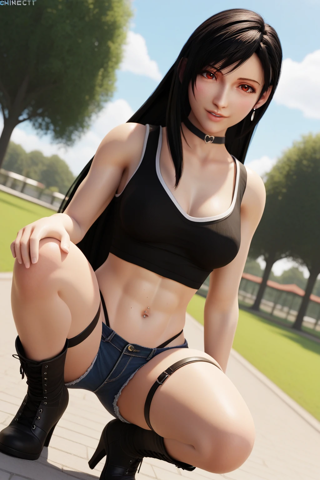 score_9, score_8_up, score_7_up, source_anime, 1girl, prefect lighting, very aesthetic, intricate details, highly detailed background, masterpiece, high quality, prefect hands, best quality, solo,
<lora:Tifa_FF_V1:.85>, KJOtifa, black hair, long hair, red eyes, 3d, 
black tank top, denim shorts, skindentation, black knee socks, thong strap, leg leg thigh strap, bare shoulders, cleavage, black high heel ankle boots, navel, navel piercing, belly piercing, choker,
from below, dutch angle, squatting, seductive smile, parted lips, arched back, looking at viewer,
sunny, park, sidewalk, grass, tree, cloudy sky,
(Beautiful, medium Breasts:1.2), natural breasts,