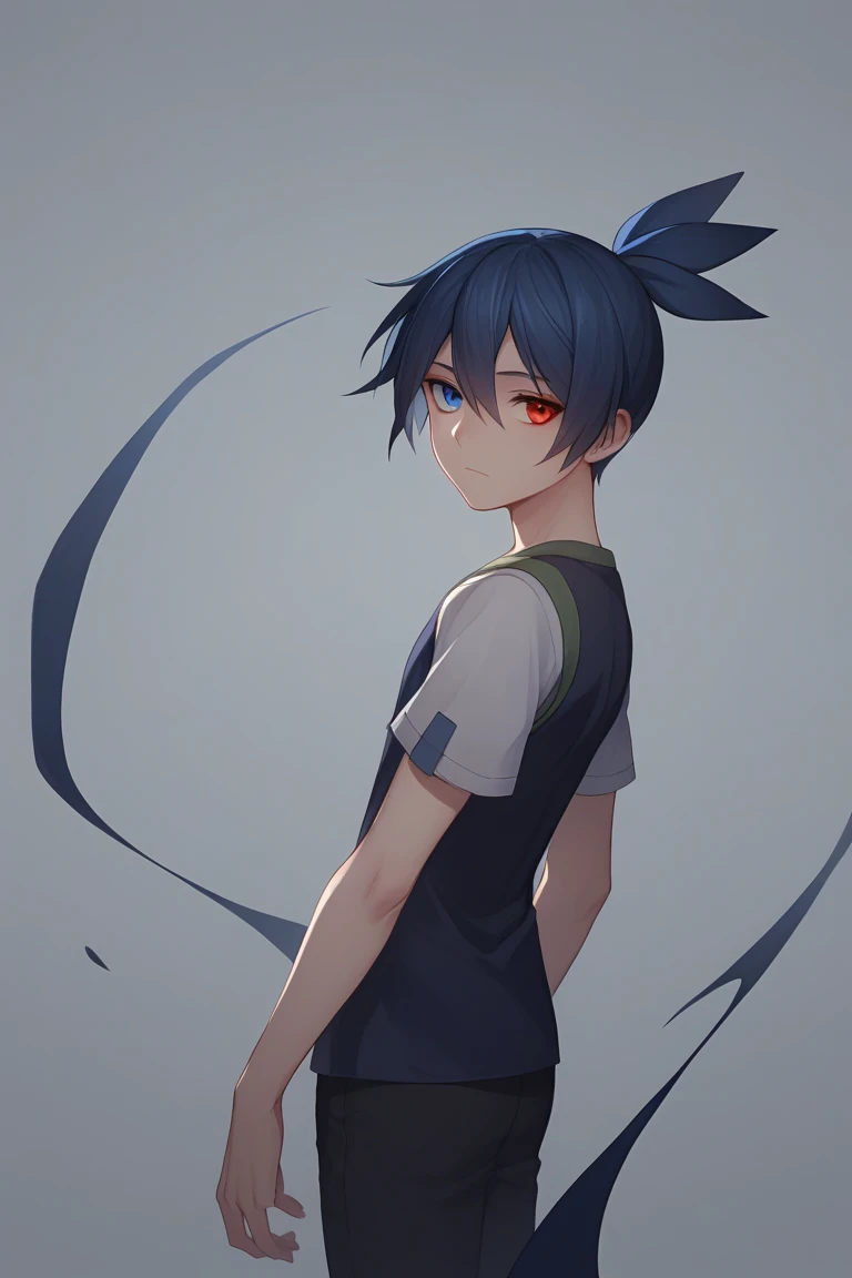 score_9, score_8_up, score_7_up, best quality, masterpiece, absurdes, ADDCOMM (dark_sig, heterochromia, solo, 1boy, male focus:1.1) blue hair, short hair, hair bow:1.2 BREAK dark_sig, heterochromia, male focus, 1boy, solo, red eyes, blue eyes, black hair, black pants, shirt, expressionless, aura