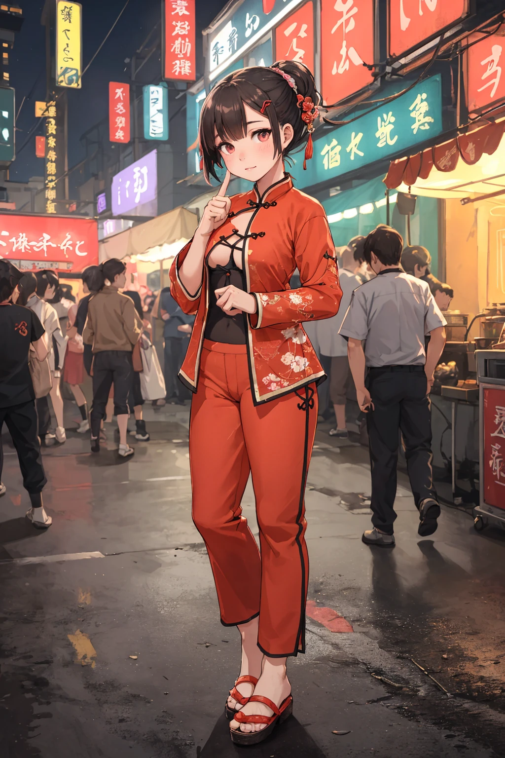 (depth of field:1.5),(full body shot:1.4),(high resolution:1.1) BREAK
(A vibrant Taiwanese night market with bustling crowds and neon signs:1.3) BREAK
1girl,(Classic Finger Waves with Hairpin:1.2) BREAK
Tang Suit (Traditional Chinese jacket and pants) BREAK