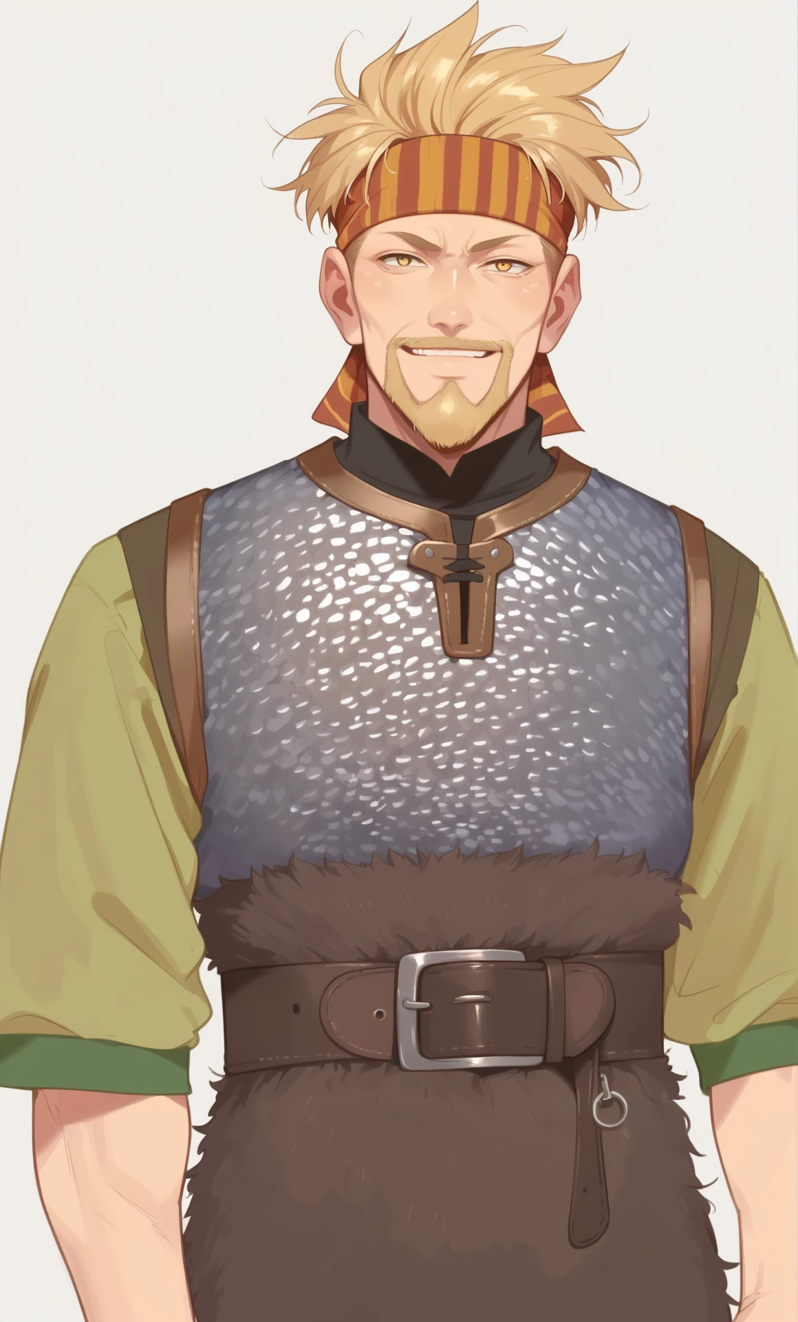 1boy, solo, looking at viewer, smug, <lora:Thorkell:0.8> Thorkell, beard, (yellow eyes:1.15), chainmail armor, belt, headband, short green sleeves, cowboy shot,  <lora:ama_mitsuki_pony_v1.0d:0.8> hd5, ama_mitsuki, score_9, score_8_up, score_7_up, score_6_up