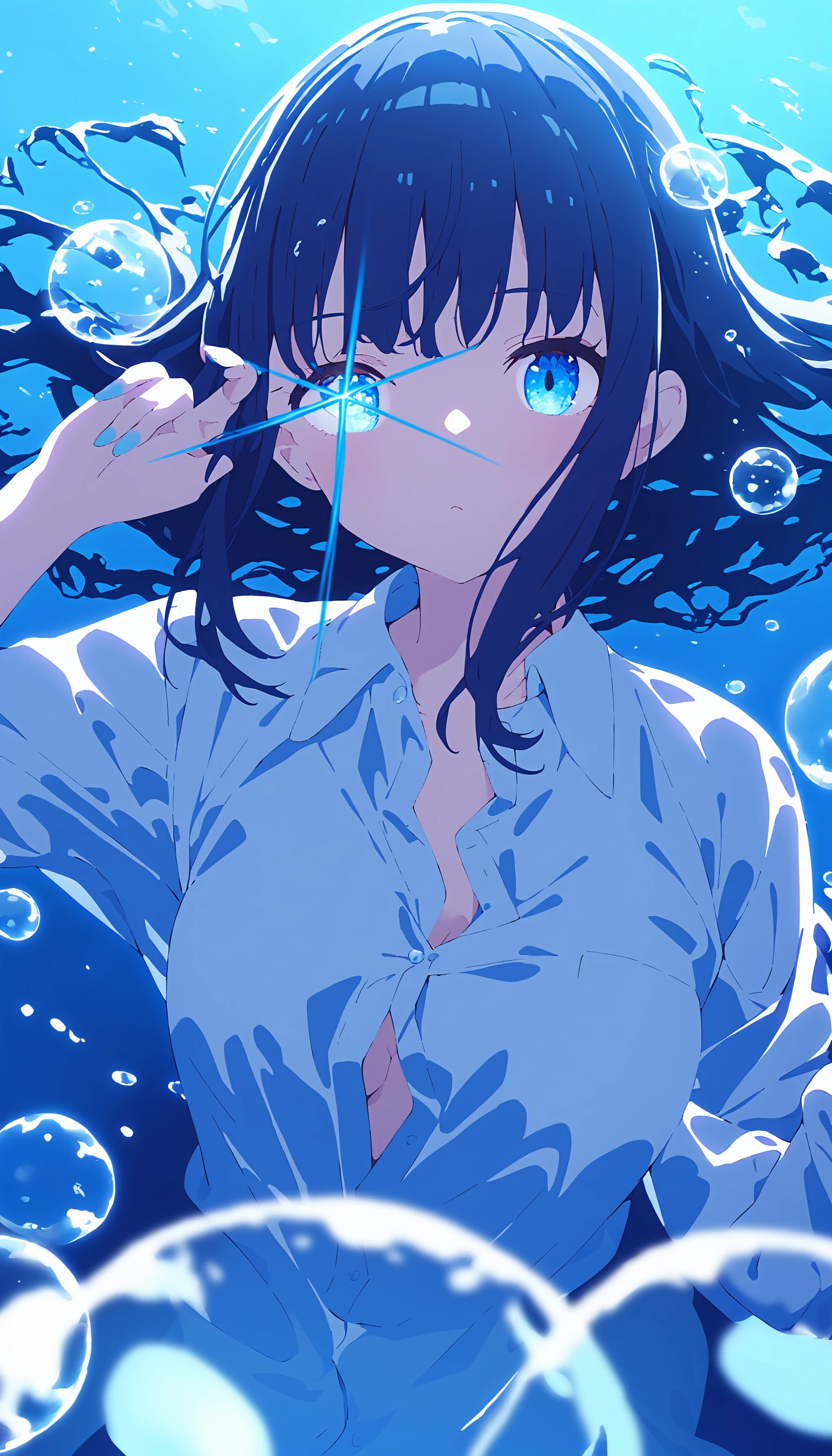 1girl,[hyuuga azuri,torino aqua | kamo kamen,mamyouda],
solo,blue theme,chonmage,unbuttoned shirt,glowing,looking at viewer,bubble,water,
<lora:stareye starlight_XL_bx-v1.02:1>,blue stareye,
masterpiece,best quality,great quality,newest,recent,absurdres,