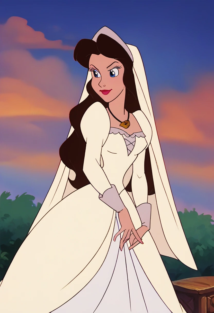 score_9, score_8_up, score_7_up, score_6_up, animation, retro artstyle, disney style, 1 girl va79ssa, sfw,  <lora:Vanessa_pxl_V0.0:0.9> vanessa, white dress, wedding dres with long sleeves, white tiara, wedding veil,  dancing (in a meadow), from waist up
<lora:Smooth Anime 2 Style SDXL_LoRA_Pony Diffusion V6 XL:0.5>
<lora:Disney_Renaissance:0.5>