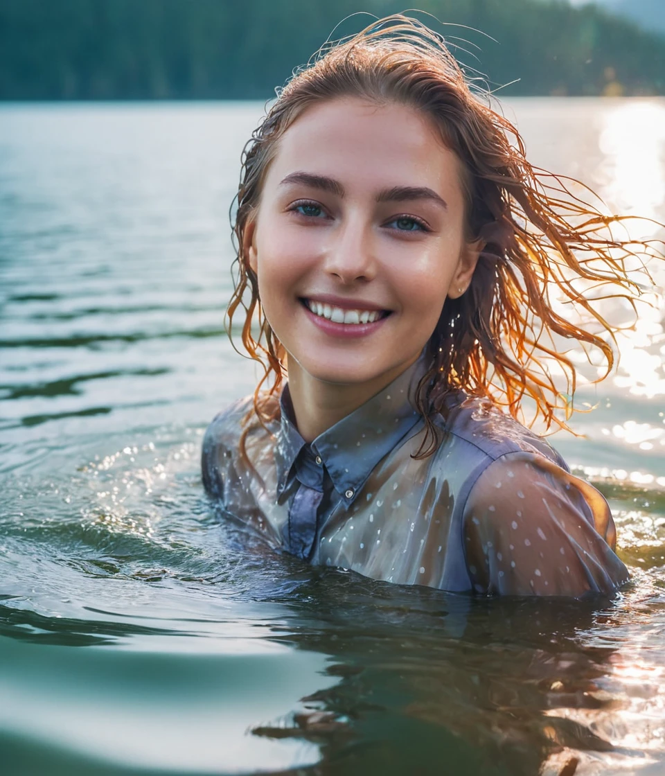 UHD, 4k, ultra detailed, cinematic, a photograph of a beautiful woman, emerging out of water detailed face, lake wet silk shirt (lofi, analog, gradient, lens flare), seducing smile, wet hair, in water, slim figure, <lora:wetgirl_v3:0.7>, by Brandon Woelfel