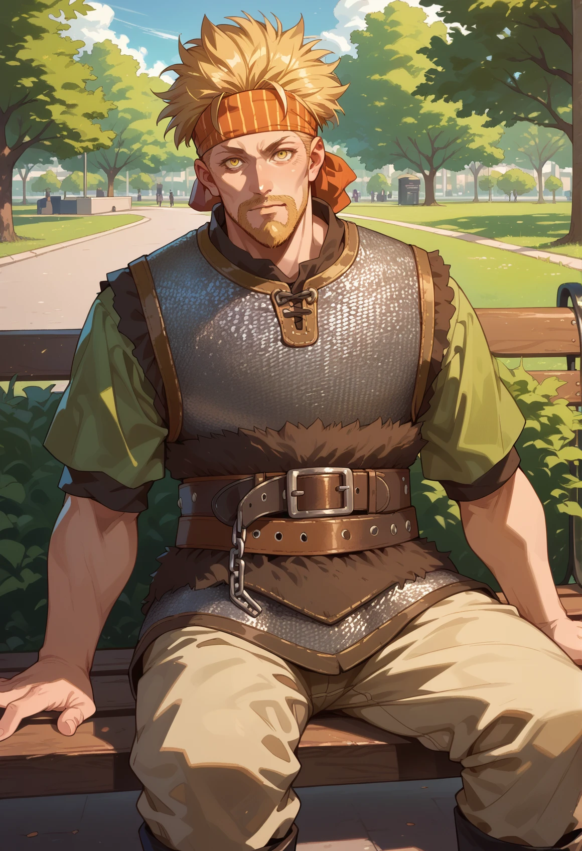 <lora:Thorkell:0.85> Thorkell, beard, (yellow eyes:1.15), chainmail armor, belt, headband, short green sleeves, looking at viewer, sitting on bench, park, score_9, score_8_up, score_7_up, score_6_up