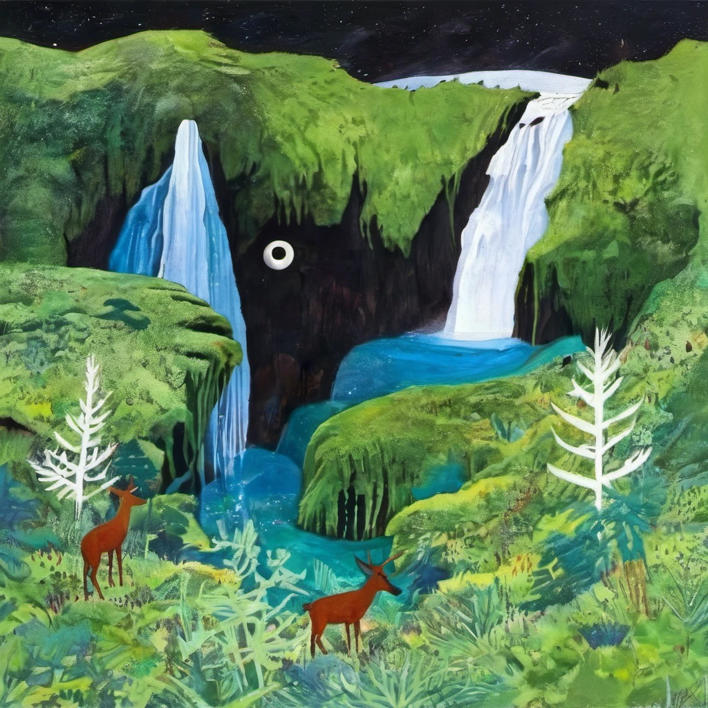 <lora:HuemanAboreal-000008:1>, HuemanAboreal, Nature Night Photography Painting, green moss cave, fire, deer, eye of providence, landscape, abstract nature art, blue river, white snowcap mountains, art by peter doig, art by gregory euclide