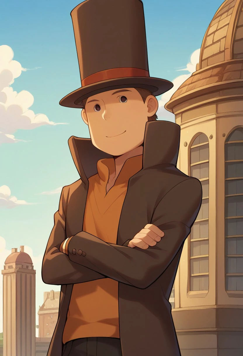 score_9, score_8_up, score_7_up, source_anime, highly detailed, 
proflayton, hat, solo, 1boy, male focus, top hat, brown hair, upper body, standing, smile, shirt, orange shirt, brown jacket, brown pants, closed mouth, crossed arms,
outdoor, sky, building, steampunk