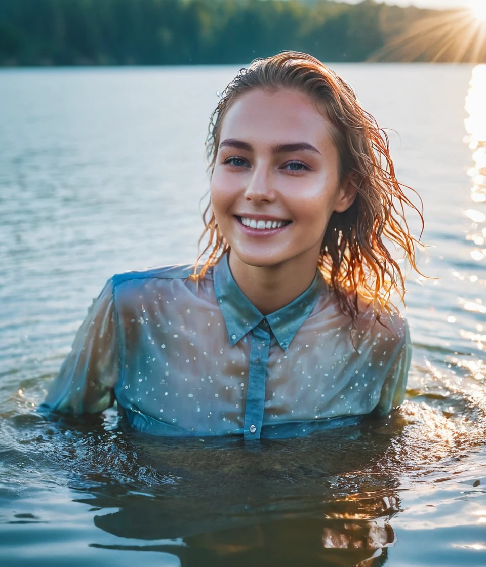 UHD, 4k, ultra detailed, cinematic, a photograph of a beautiful woman, emerging out of water detailed face, lake wet silk shirt (lofi, analog, gradient, lens flare), seducing smile, wet hair, in water, slim figure, <lora:wetgirl_v3:0.7>, by Brandon Woelfel