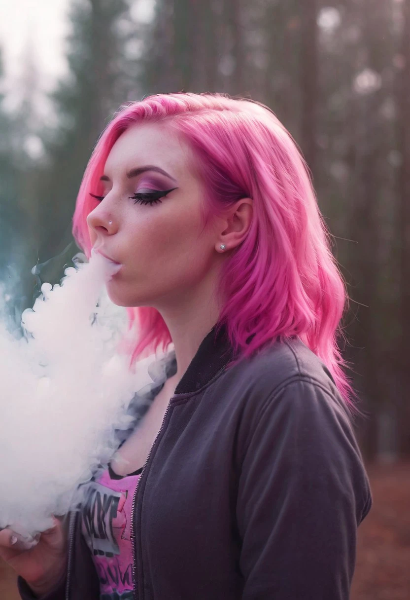 <lora:VapeXL-08:1.0> VapeXL, Girl blowing smoke, pink hair, eyeliner, pale skin  , photorealistic, outdoors, depth of field, lens flare