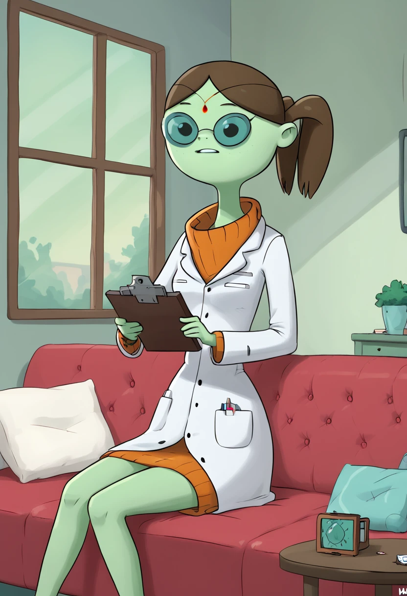 score_9, score_8_up, score_8,   <lora:Doctor_Princess_Adventure_Time_for_PonyXL:0.8> 1girl, green skin, glasses, drpr1nc3ss, brown hair, labcoat, forehead jewel, sitting on couch, living room, window,