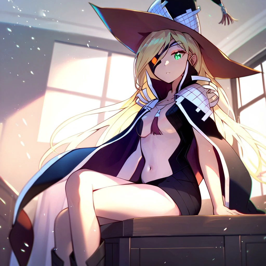 score_9, score_8_up, score_7_up,
othinus, 1girl, solo, long hair, blonde hair, eyepatch, green eyes, medium breasts, navel,
hat, witch hat, cape, black cape, 
Sitting, looking at viewer, Indoors, bedroom,