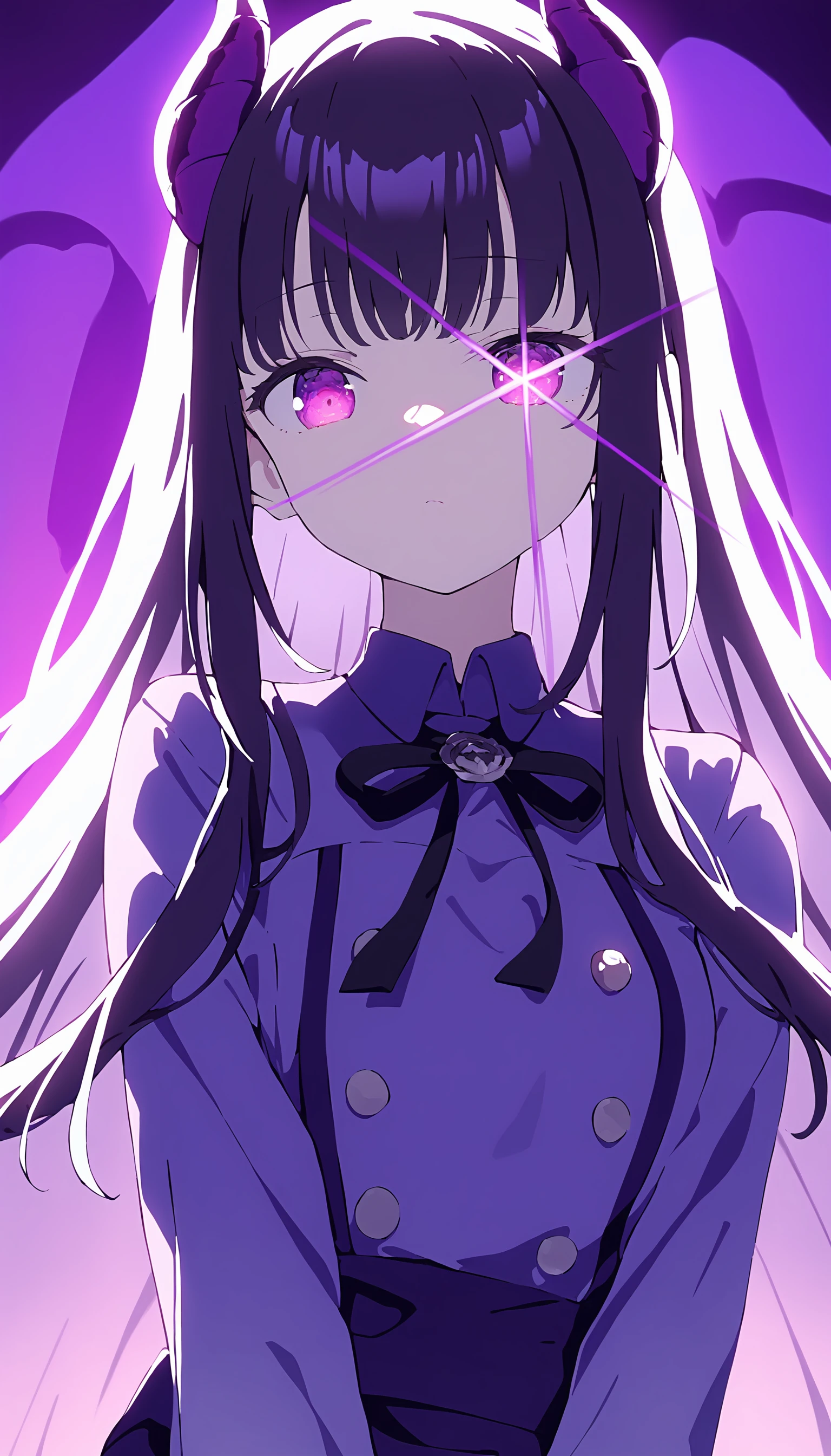 1girl,[hyuuga azuri,torino aqua | kamo kamen,mamyouda],
solo,purple theme,demon girl,demon horns,low-tied long hair,stile_uniform,glowing,looking at viewer,
<lora:stareye starlight_XL_bx-v1.02:1>,purple stareye,
masterpiece,best quality,great quality,newest,recent,absurdres,