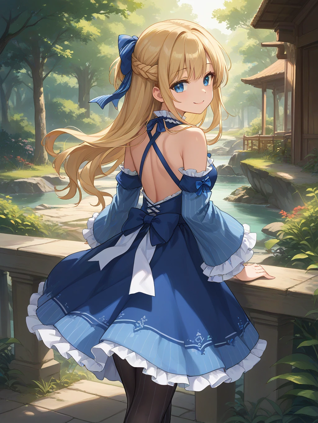 score_9, score_8_up, score_7_up,source_anime,BREAK,
from behind, looking back, smile, french braid, half updo, Hair ribbon, frilled choker, criss-cross halter, sleeveless dress, high-waist skirt, backless dress, blue dress, waist blue bow, detached sleeves, frilled sleeves, wide sleeves, blue sleeves, black pantyhose, patterned legwear, pinstripe pantyhose, mary janes,
