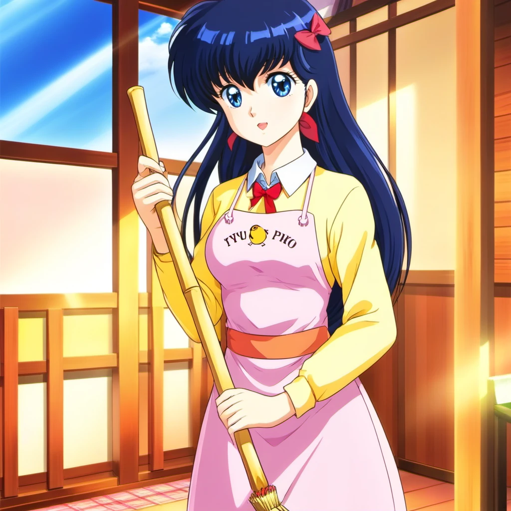 anime artwork 1girl, long black hair, bangs, blue eyes, apron, hair ribbon , broom<lora:KyokoOtonashi1024:0.8> . anime style, key visual, vibrant, studio anime,  highly detailed