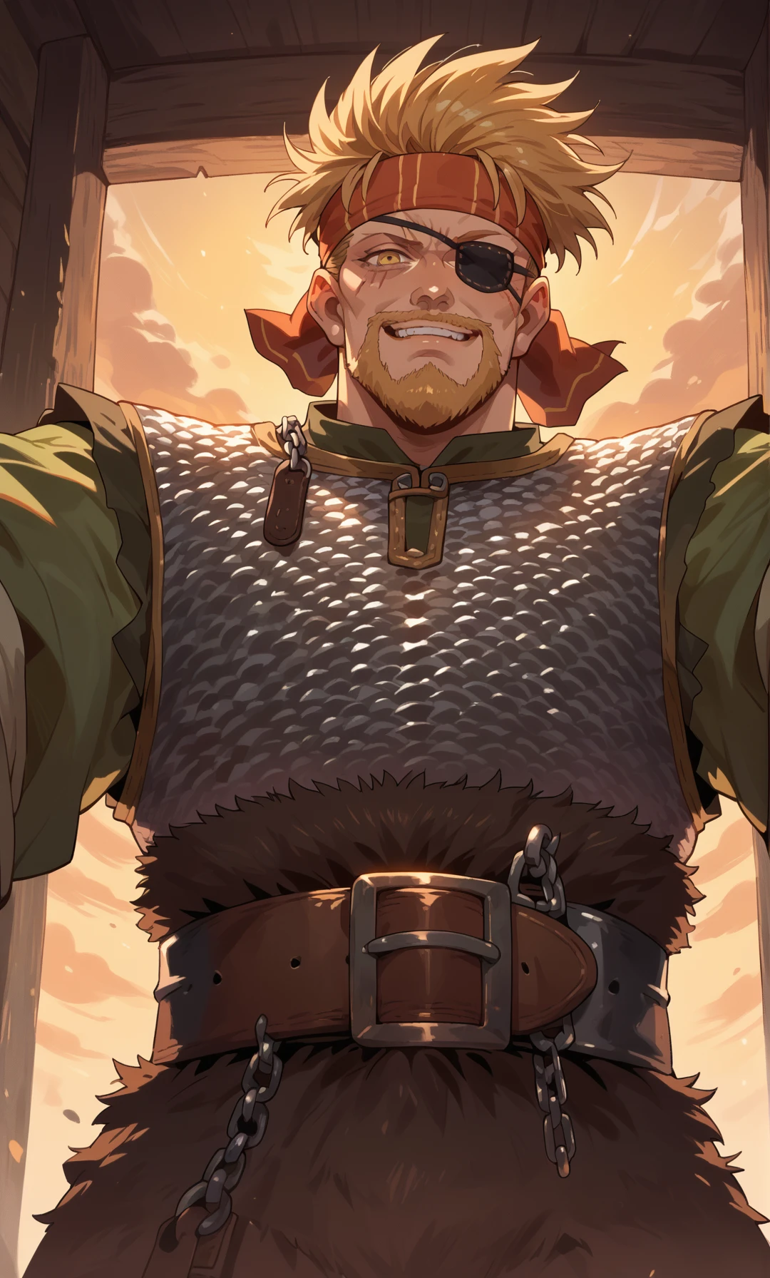 1boy, looking at viewer, view from below, smug, <lora:Thorkell:0.8> Thorkell, beard, (yellow eyes:1.15), chainmail armor, belt, headband, short green sleeves, eyepatch, scars, score_9, score_8_up, score_7_up, score_6_up