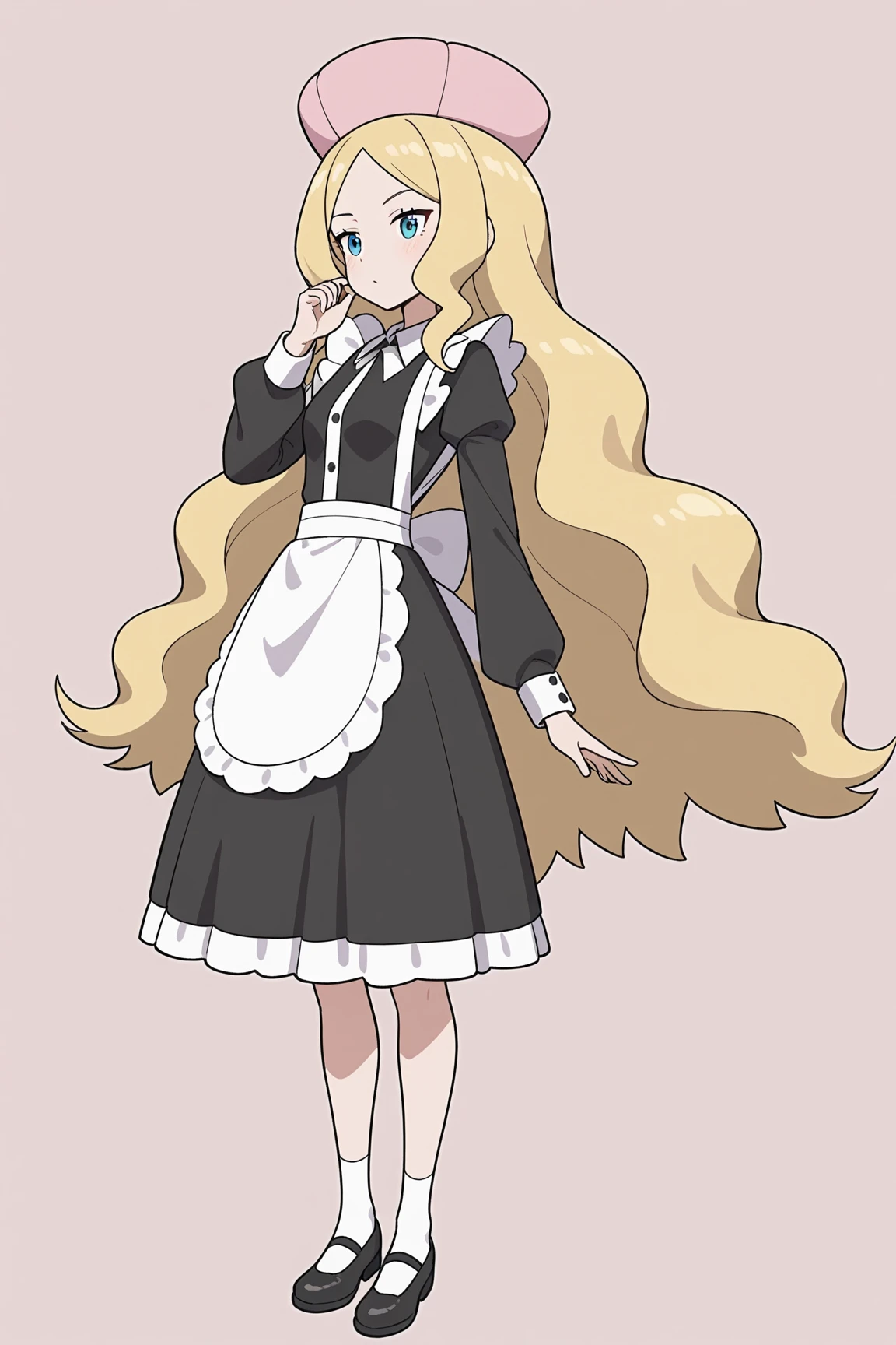 maid, pk-caitlin, blonde hair, very long hair, pink hat, 1girl, solo, skinny, masterpiece, absurdres, high quality, highres, best quality, (full body:1.20), recent <lora:pk-caitlin-V01:0.4>