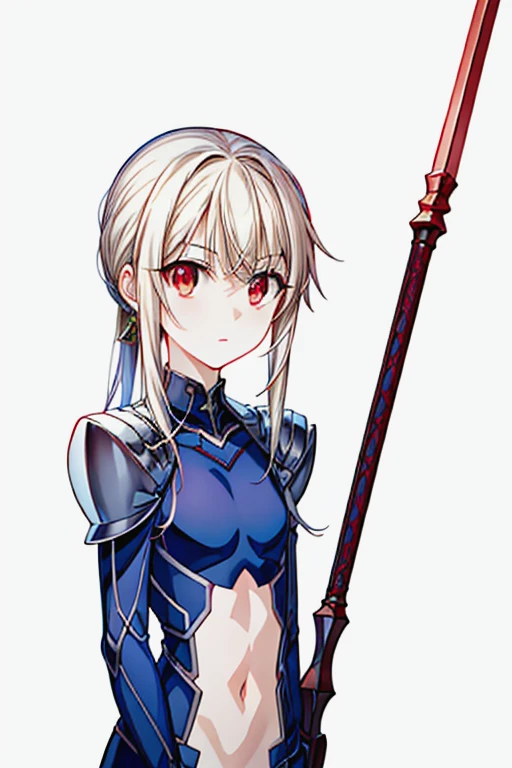 masterpiece_portrait, high quality, canvas, anime_art_style, cartoon, fate kaleid liner prisma illya, illyasviel von einzbern, illya lancer, lancer, 1girl, gae bolg (fate), solo, long hair, navel, cosplay, red eyes, weapon, white background, ponytail, polearm, looking at viewer, bodysuit, armor, spear, simple background, hair between eyes, shoulder armor, bangs, closed mouth, small breasts, pauldrons, blonde hair, blue bodysuit, breasts<lora:Illyasviel_von_Einzbern_lancer_style:1> <lora:hyperdetailer_v095:0.8> <lora:animemix_v3_offset:0.5>