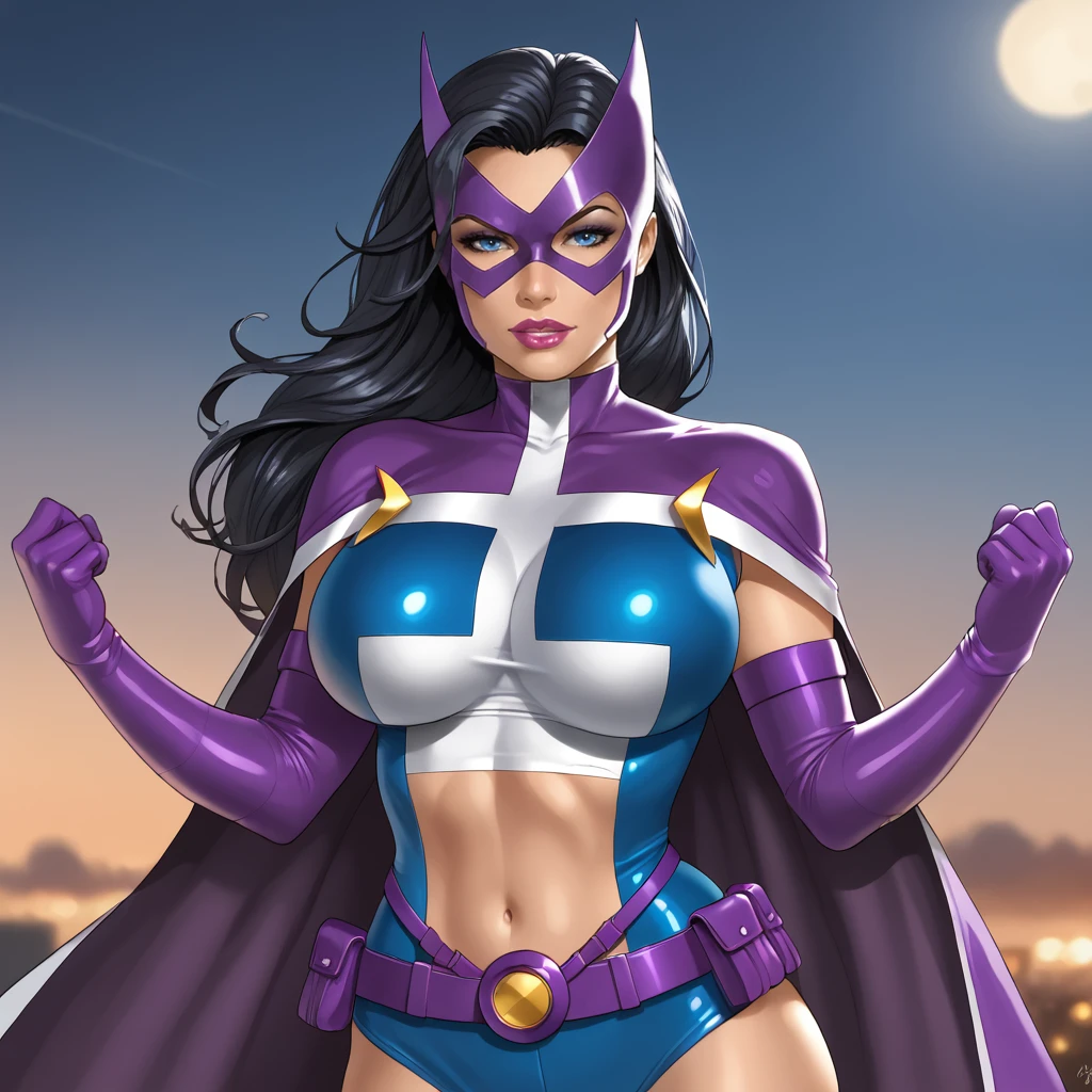 <lora:huntress_pony_v1:.7> huntressdccomics, 1girl, solo, black hair, superhero, large breasts, mask, utility belt, cape, long hair, elbow gloves, navel, midriff, blue eyes, purple gloves, lips, lipstick, makeup, belt pouch, crop top, leotard, giant breasts