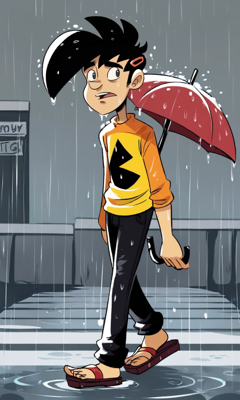 score_9, score_8_up, source_cartoon, 2D, webtoon, 
BREAK,
gabe, Rainy street, puddles, neon signs, empty benches, umbrellas, wet asphalt, 1boy, solo, :o, open mouth , Walking, arms relaxed, eyes looking forward, black hair, Smocked top, wide-leg pants, hair clips, platform sandals, full body, (pennyarcade:1.3),
 <lora:Pony_pennyarcade_5k_new_1280:1>