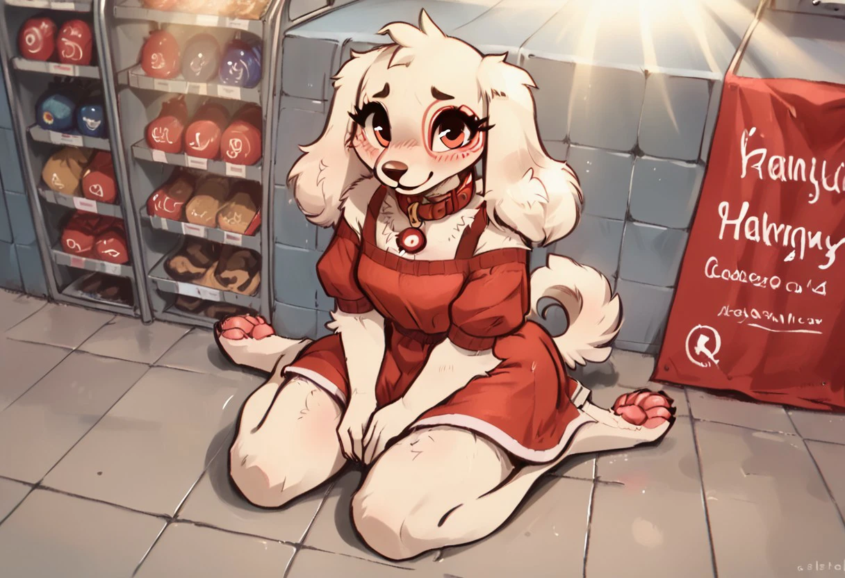 score_9, score_8_up, score_7_up, score_6_up, score_5_up, score_4_up, rating explicit, source furry BREAK 
solo,blushing, female, sitting, supermarket background, high angle view, hands in lap, looking up, happy, looking at viewer
intricate details, detailed background, detailed fur,  digitigrade, 
,Digital /(artwork/), digital art, soft lighting, ray tracing, god rays, 
anthro, dog, canid, floppy ears, white fur, white and red dress, collar, target sign collar, target sign, eye marking, red eye marking, furry, spot, target dog,