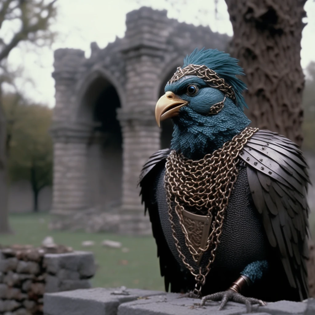 bird, ruins, tree, pillarboxed, portrait, blurry, chainmail, outdoors, cloud, piercing