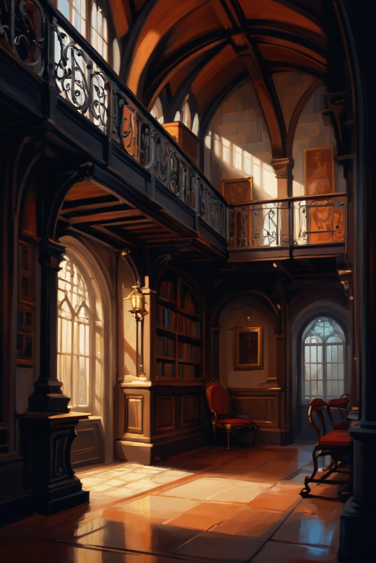 digital painting, Majestic Library, Wrought iron railings, <lora:EnvyMedievalInteriorXL01:0.75>